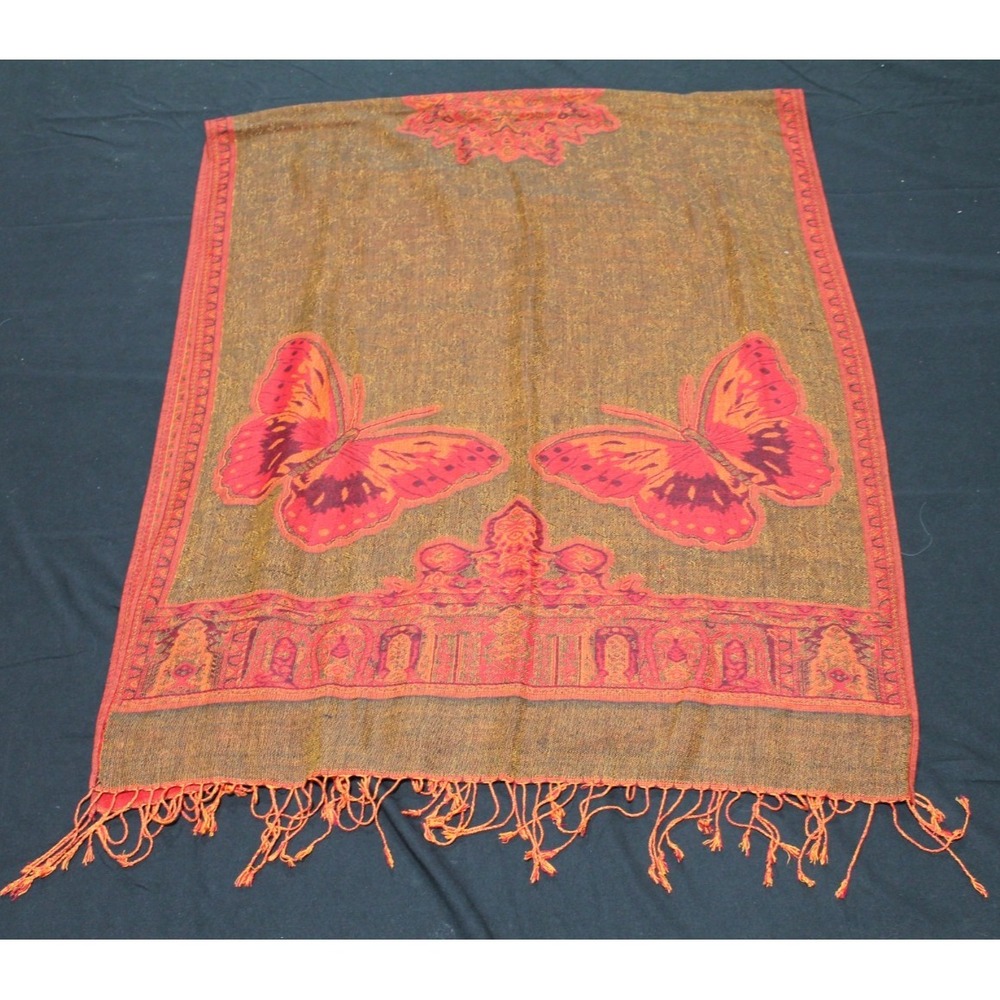 Pashmina Butterfly Scarf Wrap Shawl Fringe Silk Blend Red Green Orange 27.5x70